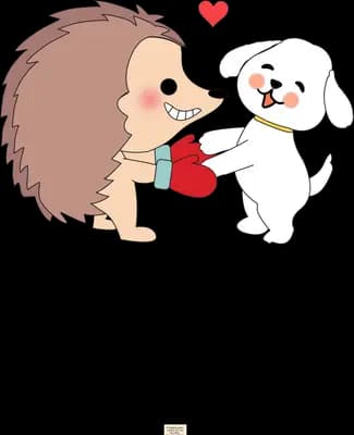 Hedgehog holding out a red heart to a happy white dog