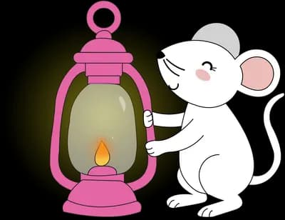 White mouse leaning against a glowing pink oil lantern in the dark