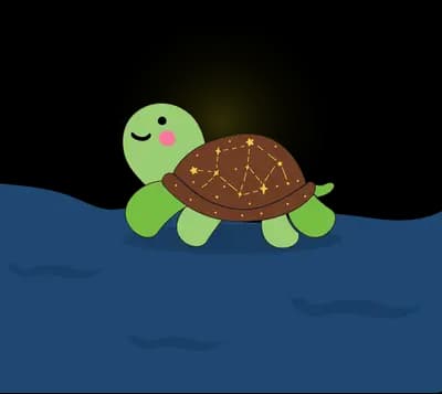 Turtle resting on dark blue water in front of a large pale moon with reeds