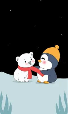 Polar bear in a red scarf and penguin in an orange hat sitting together on an ice ledge