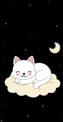 White cat curled asleep on a small cloud under a crescent moon
