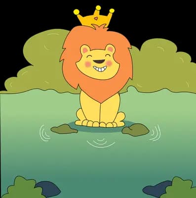 Lion wearing a gold crown sitting on a small island in a green pond