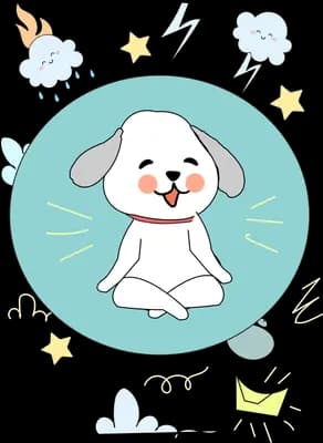 White dog sitting inside a teal circle surrounded by paper planes and small clouds