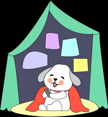 White dog sitting in a green tent lined with coloured sticky notes