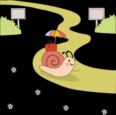 Snail carrying an umbrella along a winding yellow path past framed pictures