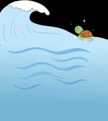 Small turtle riding the crest of a large blue wave