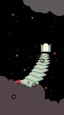 Ladybug climbing a green staircase toward an open book at the top of a pale pink slope