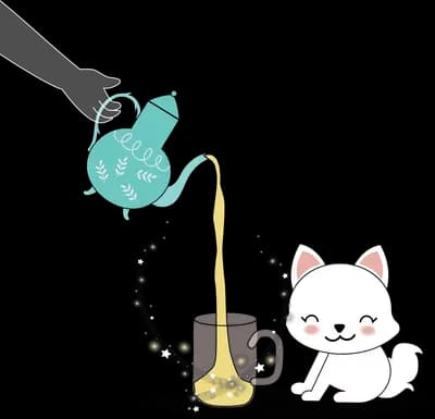 White cat sitting beside a teal watering can pouring a stream of beads