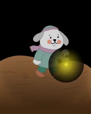 Dog in scarf and earmuffs pushing a large glowing orb up a brown hill