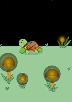 Turtle and snail on a green panel above glowing dandelion-like plants
