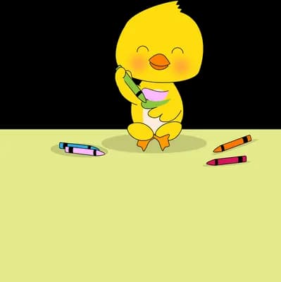 Yellow chick holding a crayon over a blank yellow panel with crayons scattered around
