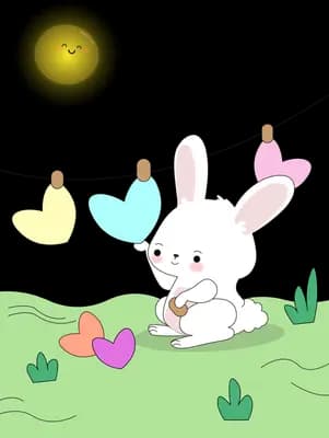 White rabbit sitting on grass beneath a string of hanging paper hearts