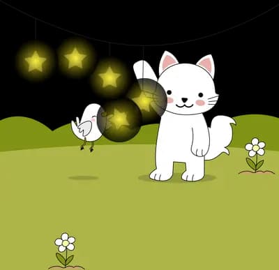 White cat standing on a green field beneath a string of hanging lanterns