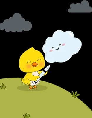 Yellow chick holding a pen on a green hill with a thought cloud above