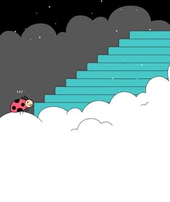 Ladybug at the foot of a teal staircase rising above the clouds