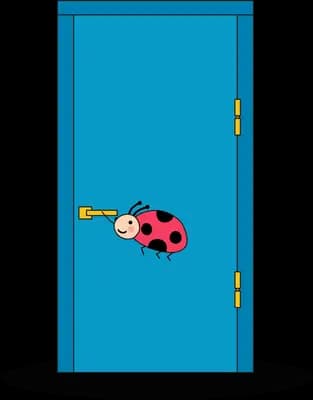 Ladybug blowing a trumpet in front of a closed blue door