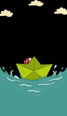 Ladybug sailing a green paper boat on a teal sea under a small rain cloud