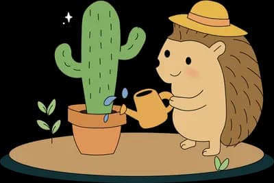 Hedgehog in a straw hat watering a potted cactus