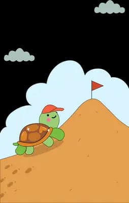 Turtle climbing an orange hill toward a red flag at the summit