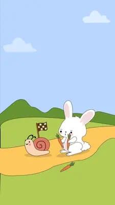White rabbit and a snail meeting on a sandy path across a green field