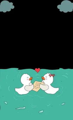Two white ducks facing each other with a small heart between them on a teal panel