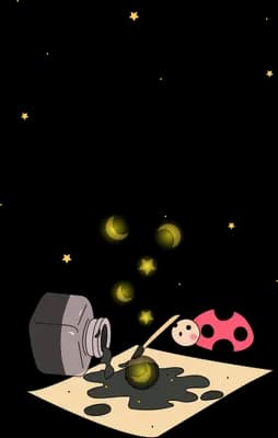 Ladybug dipping a brush into spilled ink beside a stone grinder as glowing orbs rise