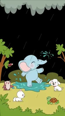 Elephant splashing in a puddle in the rain while small animals watch