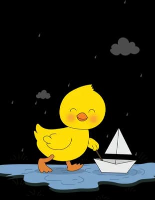 Yellow duckling pulling a small paper boat through the water