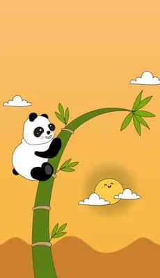 Panda climbing a bamboo stalk above a chick nesting in a hollow