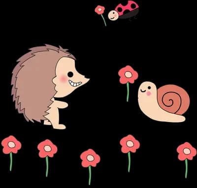 Hedgehog, snail and a flying ladybug among small red flowers