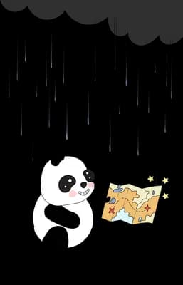 Panda sheltering under a small sheet in heavy rain