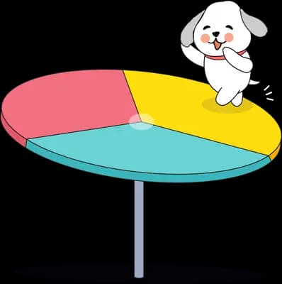 White dog sitting on a round table shaped like a colourful pie chart