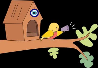 Yellow bird with a horn perched on a branch beside a wooden birdhouse