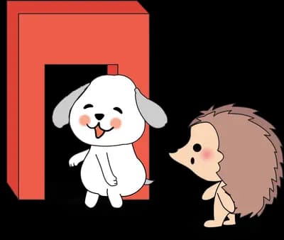 White dog peeking out of a red doorway to greet a hedgehog
