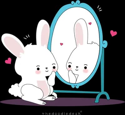 White rabbit admiring itself in a standing oval mirror surrounded by hearts