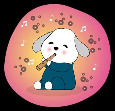 White dog in blue dungarees playing a flute inside a warm round badge
