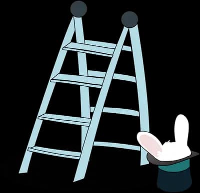 Rabbit ears poking out of a magician top hat beside a stepladder