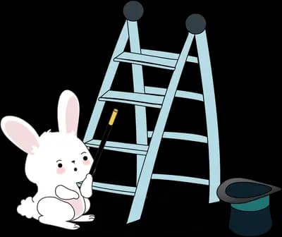 White rabbit holding a magic wand beside a stepladder and a top hat
