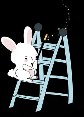 White rabbit climbing a stepladder waving a magic wand that trails sparks