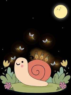 Smiling snail among tulips and blossom under a small sun