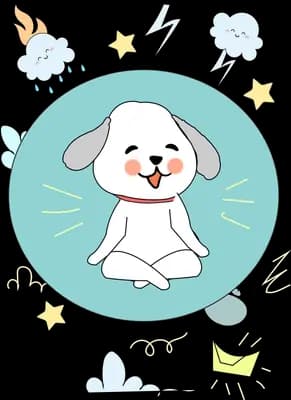 White dog meditating cross legged in a teal circle ringed by scribbled doodles