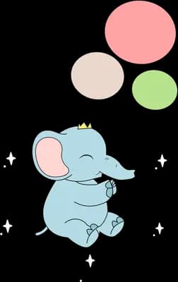 Baby elephant sitting and holding three balloons by their strings