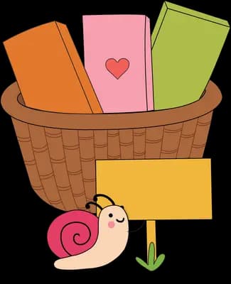 Snail resting beside a wicker basket of books and a blank sign
