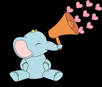 Baby elephant in a crown blowing hearts through a megaphone