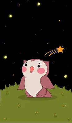 Owl sitting on a grassy hill at night under a shooting star and dark orbs