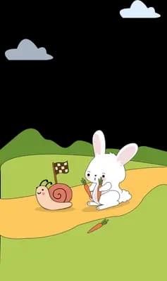 Snail and rabbit racing along a path across a green field past a chequered flag