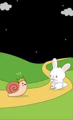 Snail and rabbit travelling a winding path across green hills