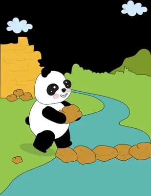 Panda laying stepping stones across a stream toward a green hill