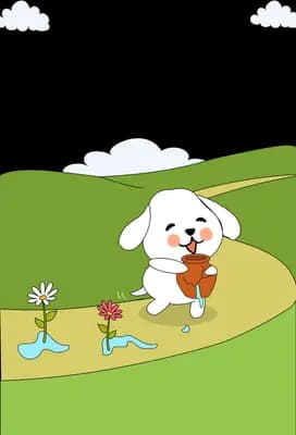 White rabbit carrying a carrot along a path over green hills