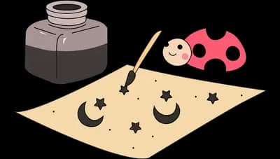Ladybug painting brush strokes on a sheet of paper beside an inkwell